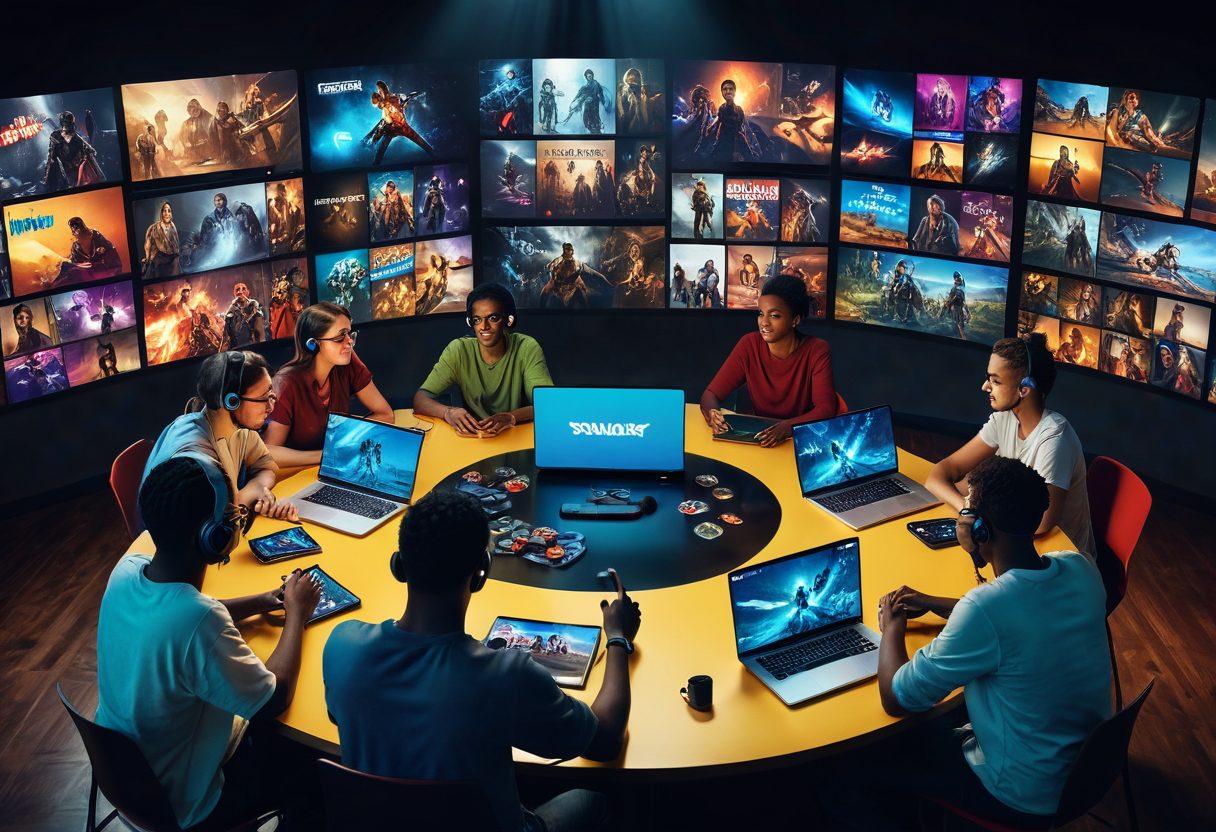 A vibrant collage depicting diverse gamers sharing insights in a lively community setting, featuring people of various backgrounds sitting around a digital round table, with laptops and gaming consoles. Include elements like speech bubbles showcasing reviews, glowing screens with game graphics, and a warm atmosphere filled with excitement. super-realistic. vibrant colors. 3D.