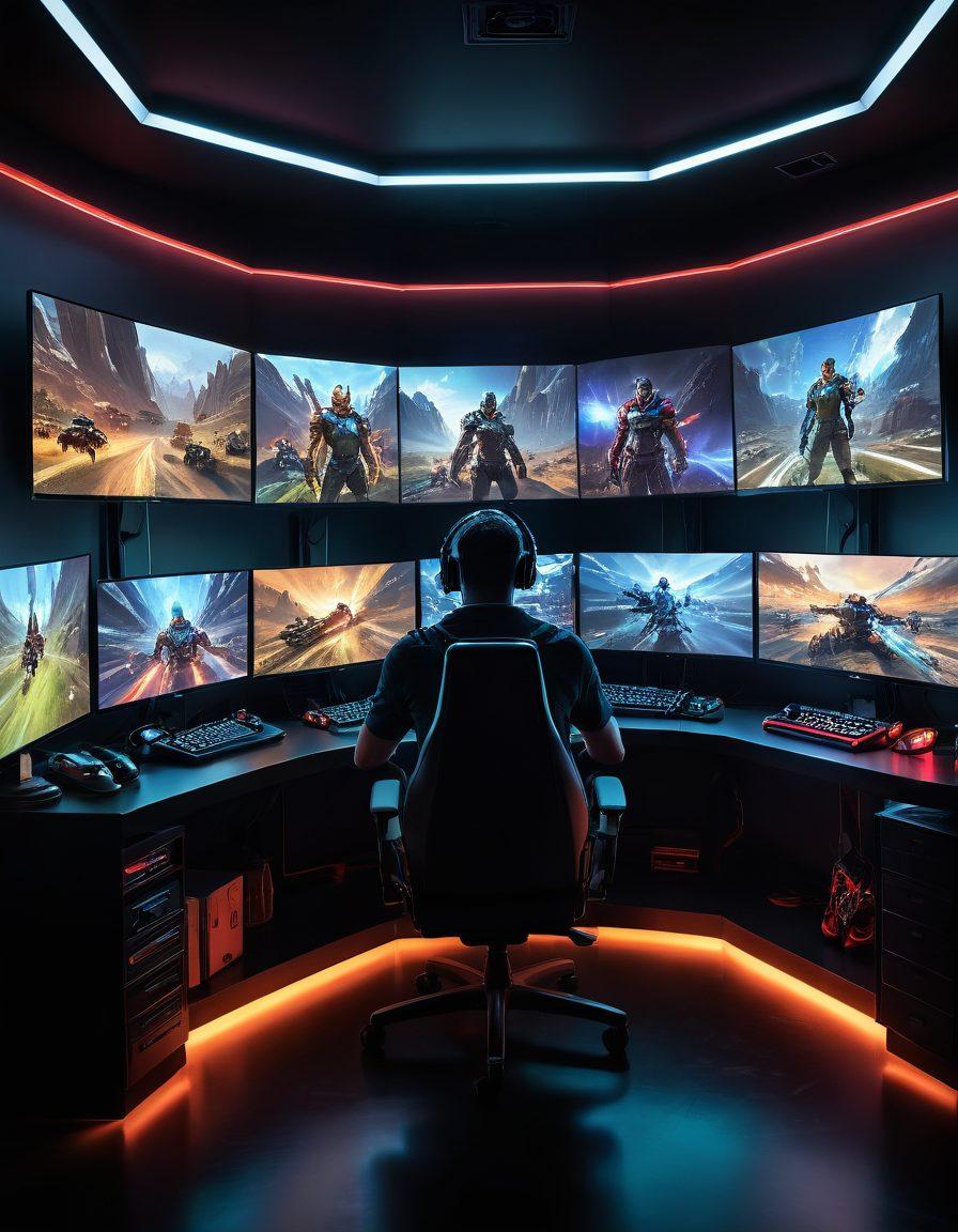 An immersive digital landscape featuring a gamer at a sleek, modern gaming setup, surrounded by vivid screens displaying strategy guides and player reviews. The background showcases iconic gaming characters and scenes bursting with energy and vibrancy. Include elements like action-packed graphics, glowing icons, and game controllers, symbolizing mastery and excitement in the gaming world. super-realistic. vibrant colors. dynamic composition.